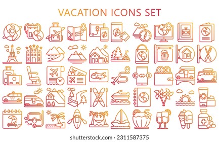 vacation and travel gradient outline icons set. contain summer theme, ticker, airplane, beach and more. use for modern concept, UI or UX kit, web and app. vector EPS 10 ready convert to SVG.