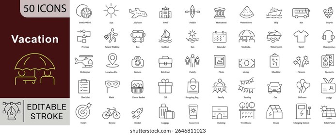 Vacation Travel Holiday Line Icons Set - 50 Editable Vector Symbols for Tourism Trip Adventure Leisure Design Projects