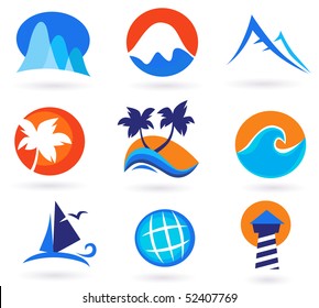 Vacation, travel and holiday summer icons - red, orange, blue. Vacation, travel and holiday icon set. Collection of 9 design elements inspired by water, nature, beach, sun and globe.