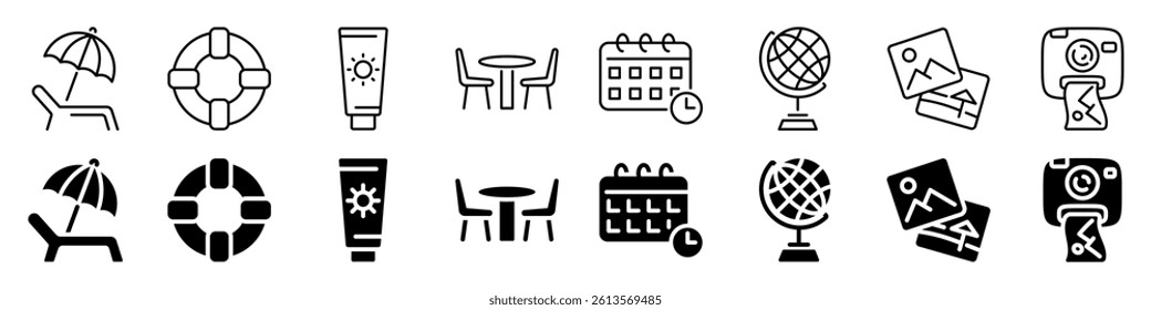 Vacation and travel icon set. Linear and silhouette style.