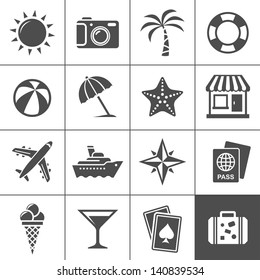 Juego de iconos de vacaciones y viajes. Serie simple. Cada icono es un único objeto (ruta compuesta)