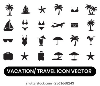 Vacation and Travel Icon Vector Set with Luggage, Airplanes, Maps, Beaches, and Adventure Symbols