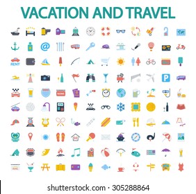Vacation and travel icons set. Flat vector related icon set for web and mobile applications. It can be used as - logo, pictogram, icon, infographic element. Vector Illustration. 