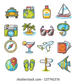 Vacation and travel icons set. Happy series