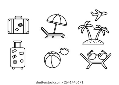 "Vacation and Travel Icons Set – Luggage, Beach, Airplane, Palm Trees, and Summer Essentials"

