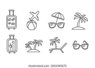 "Vacation and Travel Icons Set – Luggage, Beach, Airplane, Palm Trees, and Summer Essentials"

