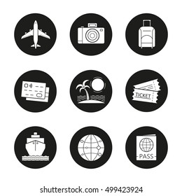 Vacation and travel icons set. Vector white silhouettes illustrations in black circles
