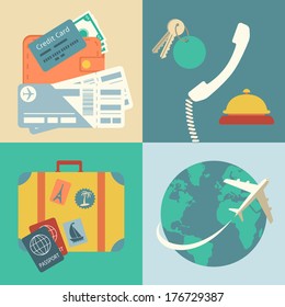 Vacation travel infographics icons set with hands of ticket purchase hotel booking and flight vector illustration