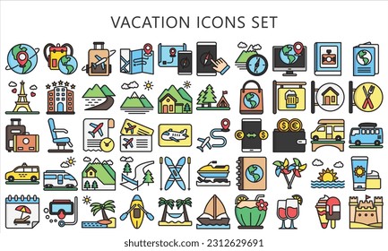 vacation and travel lineal multi color icons set. contain summer theme, ticker, airplane, beach and more. use for modern concept, UI or UX kit, web and app. vector EPS 10 ready convert to SVG.