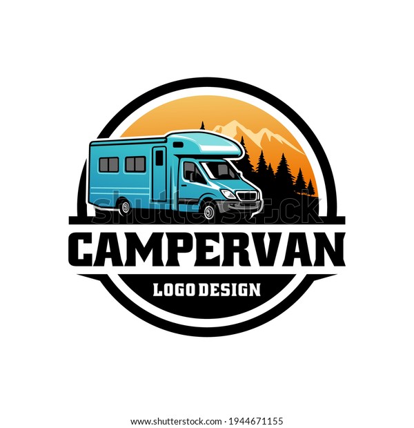 \
vacation travel RV, camper van with emblem logo\
style