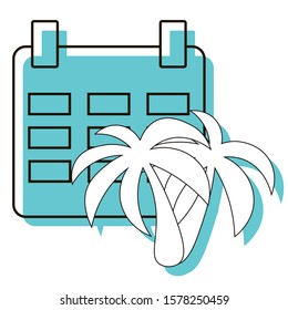 Vacation. Travel to sea. Calendar with palm tree. Relax traveling. Design element. Vector illustration. Icon with shadow isolated on white background.