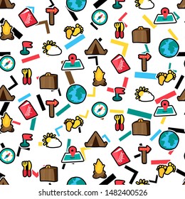 Vacation travel seamless cartoon vector pattern. Trip, tourism. Hiking, camping stickers background