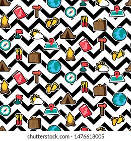 Vacation travel seamless pattern. Tourism. Hiking, camping, trip outline stickers zigzag background