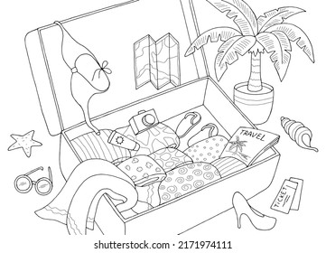 Vacation travel suitcase graphic black white isolated sketch illustration vector