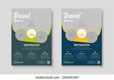 Vacation travel tour agency flyer template design layout. Summer and holiday traveling business advertisement a4 brochure flyer or poster vector template design.