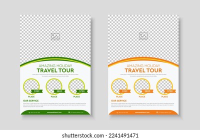 Vacation travel tour agency flyer template design layout. Summer and holiday traveling business advertisement a4 brochure flyer or poster vector template design.