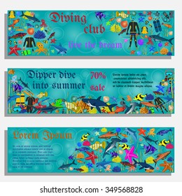 Vacation and travel vector banners, posters, flyers with fish and diving elements. Sport underwater, water sea, glove and flashlight, jacket, pants, suit, socks, regulators, octopus, mask and snorkel.