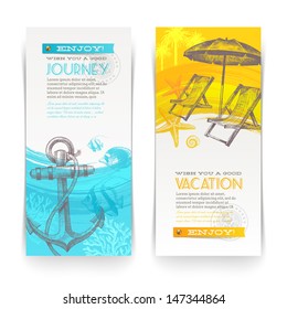 Vacation and travel vector vertical banners with lettering and hand drawn elements