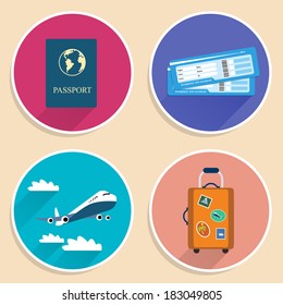 Vacation travel voyage icons set of suitcase plane tickets airplane and passport isolated vector illustration
