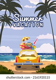 Vacation travel yellow car with luggage bags, surfboard on the beach. Tropical seachore, palms, sea, ocean, back view. Vector illustration retro cartoon