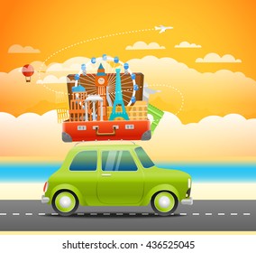 Composición de viaje de vacaciones con la bolsa abierta. Concepto de signos turísticos. Disfrute del concepto de vacaciones con un coche retro