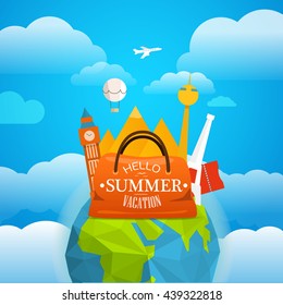 Vacation traveling concept. Vector travel illustration with different famous sights. Take vacation concept with the logo and the Earth
