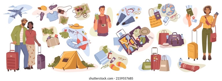 Vacation and traveling, holidays and tourist trips. Isolated packed bag with belongings, flight and camping in tent, luggage and passport. Flat cartoon characters on rest, vector illustration set