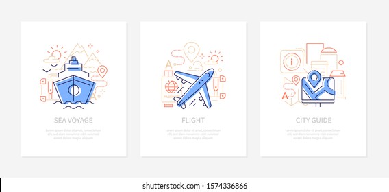 Vacation and traveling - line design style banners with place for your text. Sea voyage, flight, city guide themes. Types of holidays linear illustrations with icons. Cruise, airplane, map with routes