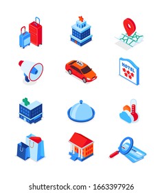 Vacation And Traveling - Modern Isometric Icons Set. Plan Your Trip Idea, Services And Activities In A Journey. Colorful Images Of Baggage, Map, Taxi, Dish, Tickets, Shopping Bags, Hotel, Thermometer