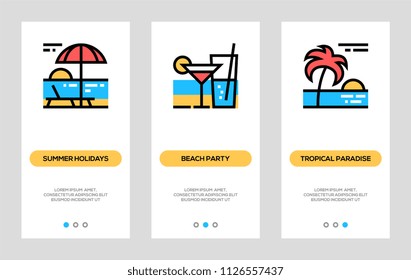 Vacation, Traveling And Tourism Banners. Summer Holidays, Beach Party, Tropical Paradise Vertical Cards. Vector Concept For Web Graphics.