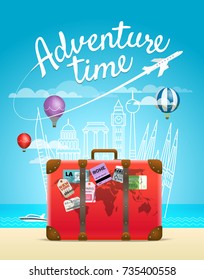 Vacation travelling composition with the bag. Adventure time concept