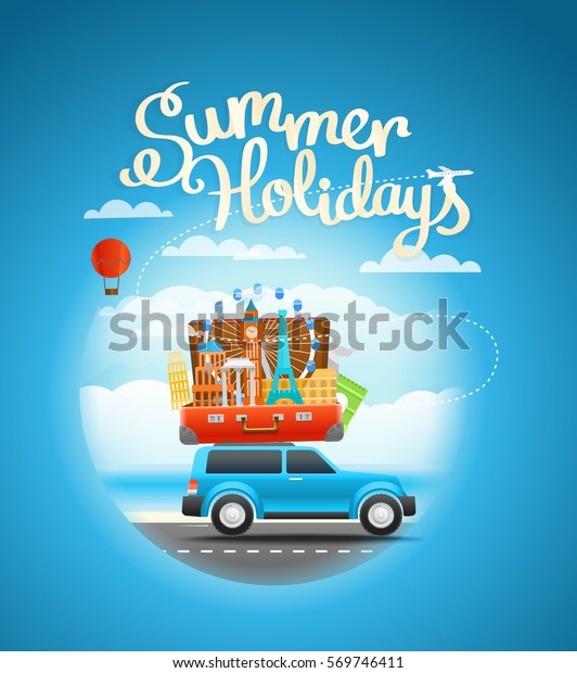 Vacation travelling composition with the car.\
Summer holidays\
concept