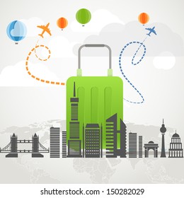 Vacation travelling composition concept with green bag