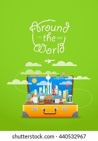 Vacation travelling composition with the open bag. Touristic famous sights. Around the world