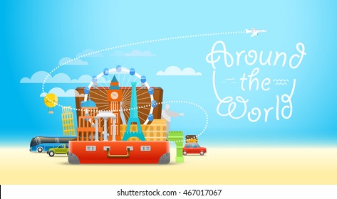 Vacation travelling composition with the open bag. Around the world concept