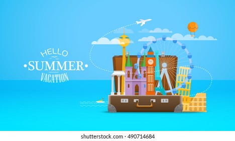 Composición itinerante de vacaciones con la bolsa abierta y carteles del mundo. Adiós de vacaciones de verano
