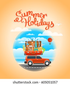 Vacation travelling composition with the open bag. Tourist signs concept. Open summer season