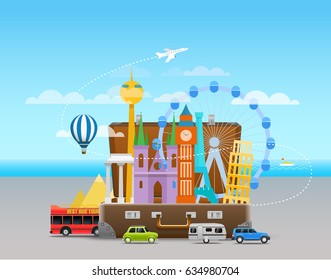Vacation travelling composition with the open bag. Touristic sighns concept