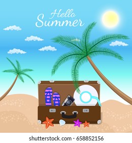 Vacation travelling composition with the open bag. Touristic sighns concept. Take vacation concept with logo. Hello summer holidays