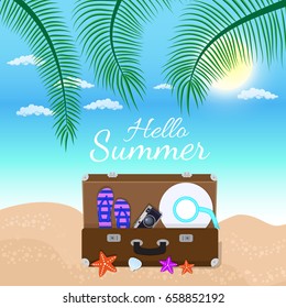 Vacation travelling composition with the open bag. Touristic sighns concept. Take vacation concept with logo. Hello summer holidays