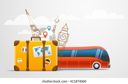 Composição de viagem de férias com ônibus vermelho