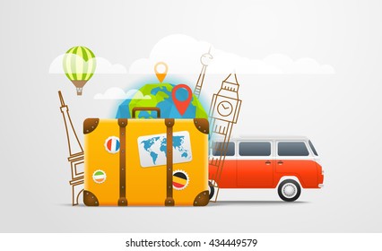 Composición itinerante de vacaciones con bus rojo retro