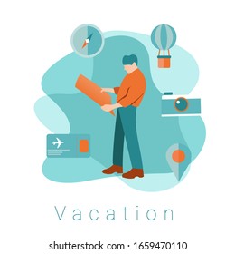 Concepto de viajes de vacaciones. Ilustración de diseño plano