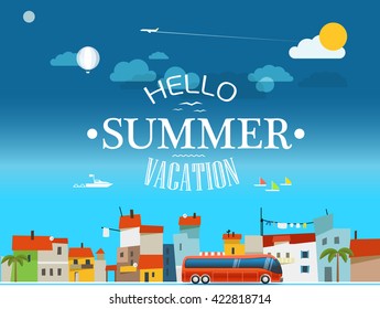 Vacation travelling concept. Flat design vector illustration. Hello summer season