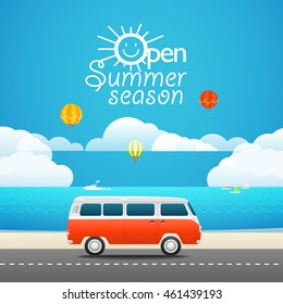 Concepto de viajes de vacaciones. Ilustración de diseño plano. Temporada de verano abierta