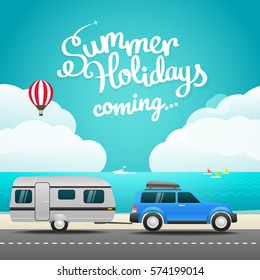 Vacation travelling concept. Flat design illustration. Hello summer holidays concept