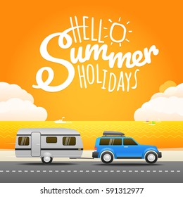 Vacation travelling concept. Flat design illustration. Hello summer holidays concept