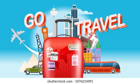 Vacation travelling concept. Go travel. Vector travel illustration with red bag