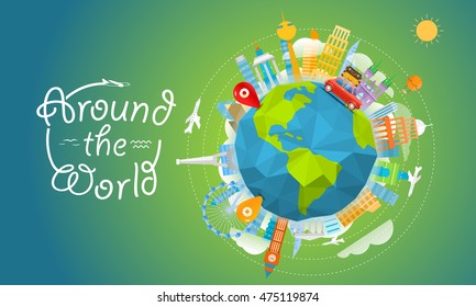 Vacation travelling concept with pins. Vector travel illustration with the bag. Around the world