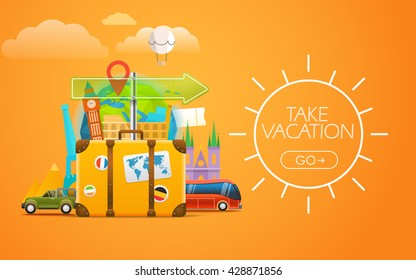 Vacation travelling concept. Vector travel illustration with the bag. Take vacation concept with the logo